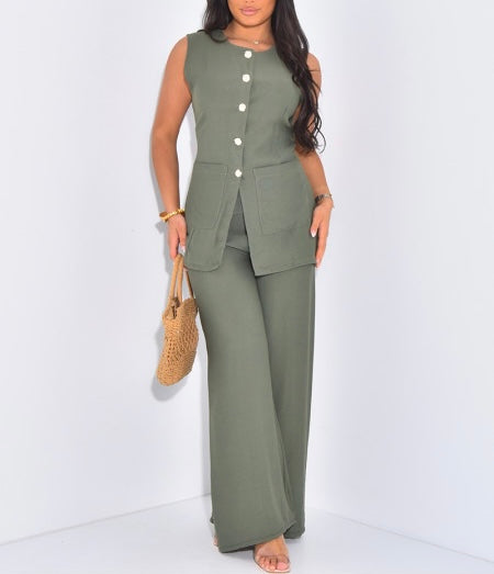 Ensemble MOUNA en lin pantalon et blouse sans manches à boutons dorés