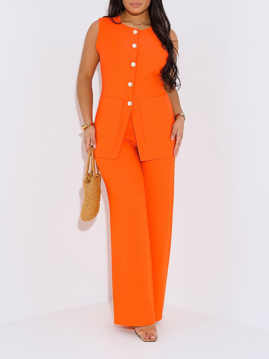 Ensemble MOUNA en lin pantalon et blouse sans manches à boutons dorés