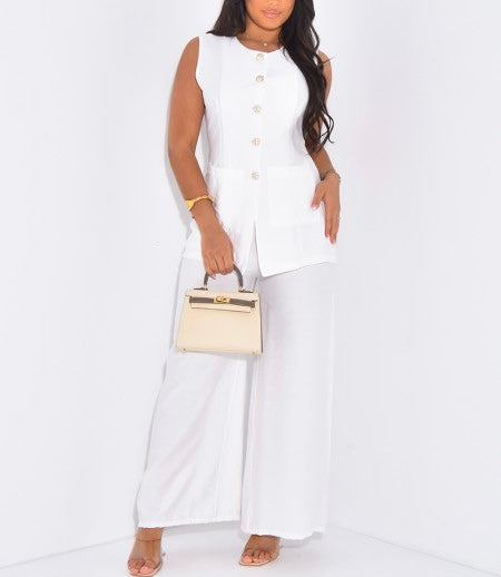 Ensemble MOUNA en lin pantalon et blouse sans manches à boutons dorés