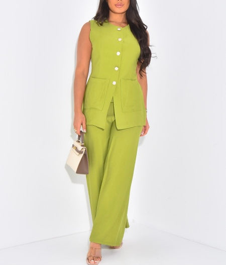 Ensemble MOUNA en lin pantalon et blouse sans manches à boutons dorés